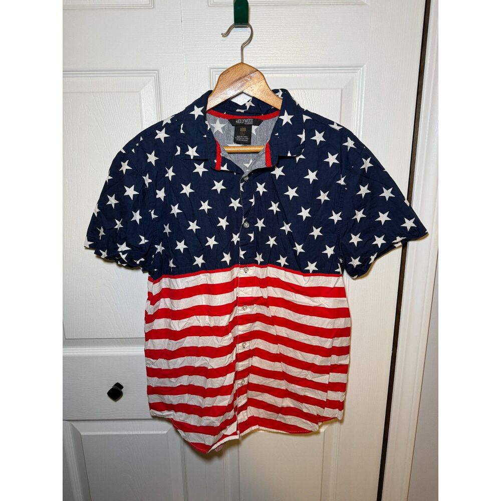 Hollywood The Jean People USA Flag Button Front Shirt Men's XL Patriotic